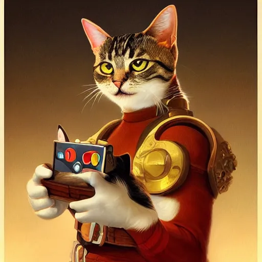 Image similar to Portrait of a Cat as Super Mario, nintendo, highly detailed, digital painting, artstation, concept art, smooth, sharp focus, illustration, art by artgerm and greg rutkowski and alphonse mucha