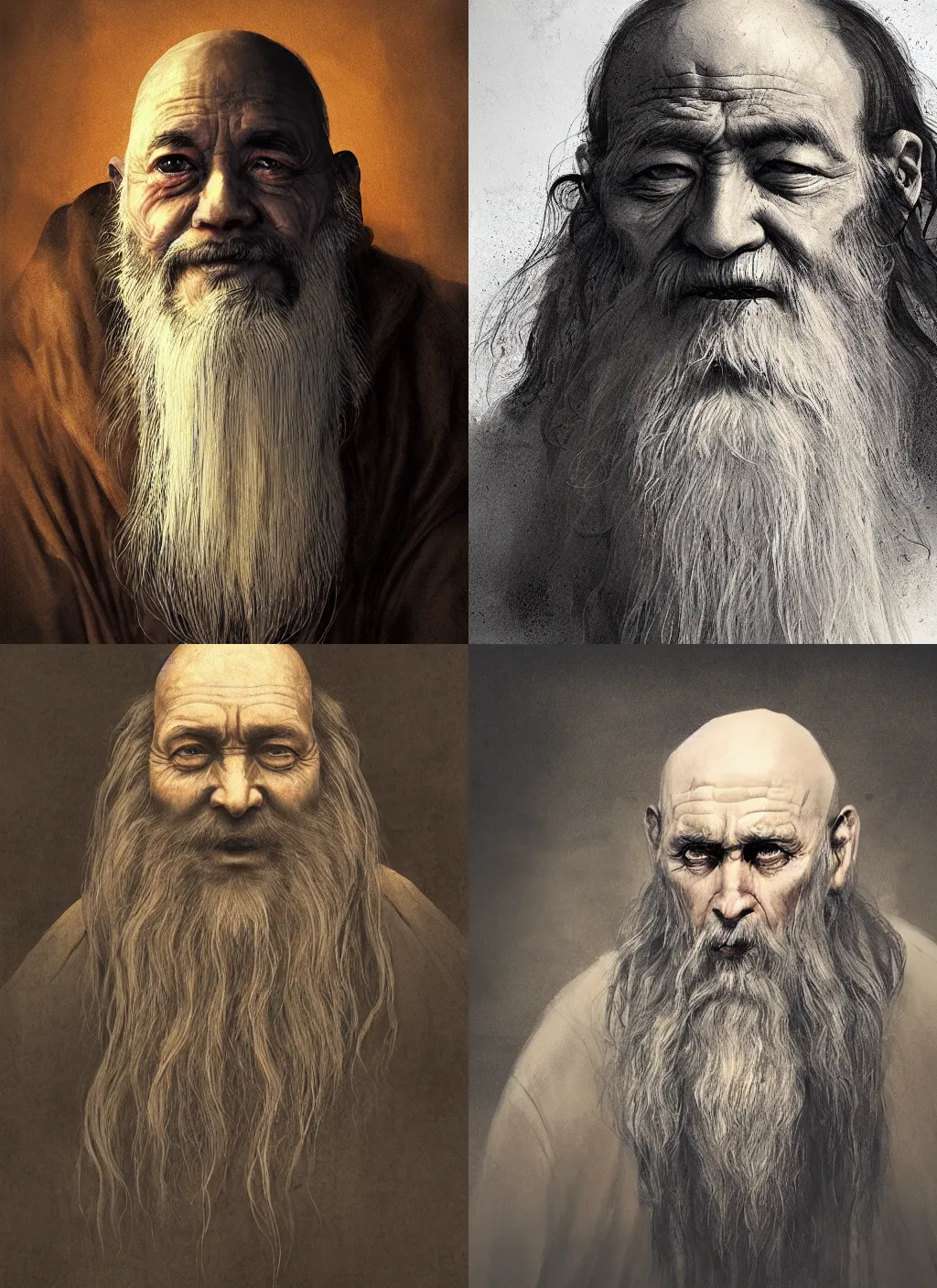 Prompt: portrait of an old monk with long hairs in alan lee and marc simonetti and emil melmoth style , cinematic lighting