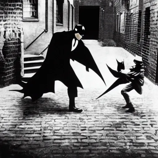 Prompt: old black and white photo, 1 9 2 5, depicting batman fighting a al capone in an alley of new york city, rule of thirds, historical record