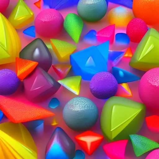 Image similar to 3 d render, magic translucent 3 d shapes, caustics, studio lighting, gemstone, magical, glowing, fruit candy, gushers, soft 3 d geometrical shapes, juicy, octane render, soft, high definition, beautiful mesh gradient colors, 1. 0 transmission, visual particles and static surrounding, clean aesthetic, blender, redshift, white background, ethereal