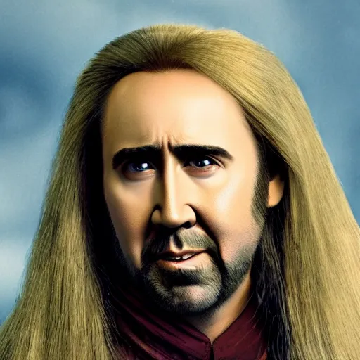 Prompt: nicolas cage with long flowing blond hair as a D&D character
