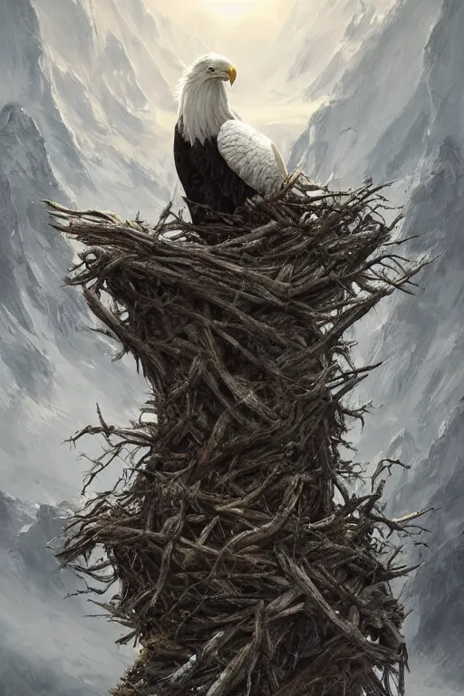 Prompt: portrait of majestic white eagle on his Nest in the mountains, Single face, dramatic lighting, cinematic, establishing shot, extremly high detail, photo realistic, cinematic lighting, post processed, concept art, artstation, matte painting, style by eddie mendoza, raphael lacoste, alex ross