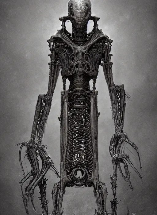 Image similar to a tall biomechanical alien by h. r. giger, highly detailed, intricate, copper metal, steampunkcore, reflective, sepia tone, cinematic, wide angle, unreal engine render 4 k by wayne barlowe, zdzislaw beksinski, artstation