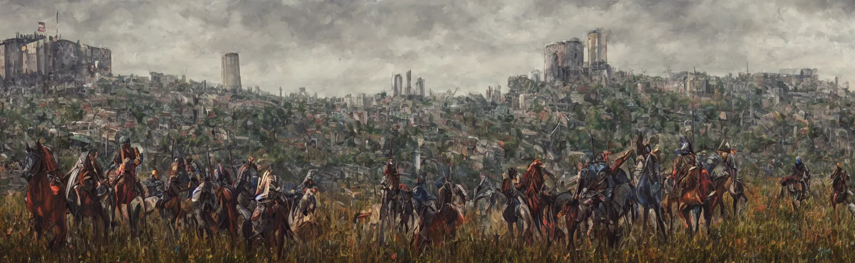 Image similar to horseback knights at scenic overlook; cloudy, grey skies, large tents foreground, walled fortress city deteriorating office buildings in background on hill; la Bastille, post apocalyptic, grungy; oil on canvas, artstation, colorful