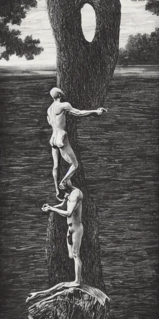 Prompt: topless man at the edge of lake, standing on his toes, reaching out to a far away a touchscreen phone growing from the tip of a dying tree, wood cut and george bridgeman style