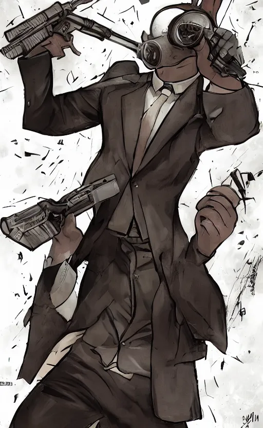 Image similar to rabbit as a hitman, suit and tie, with silenced gun, dynamic lighting, fantasy concept art, trending on art station, stunning visuals, creative, cinematic, ultra detailed, comic strip style