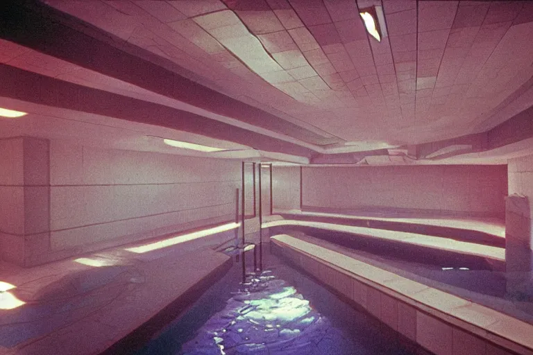 Image similar to 1 9 7 0 s found footage of an underwater space made up of a non - euclidean, geometric and tiled swimming pool hallways color bleed, ektachrome photograph, volumetric lighting, f 8 aperture, cinematic eastman 5 3 8 4 film stanley kubrick