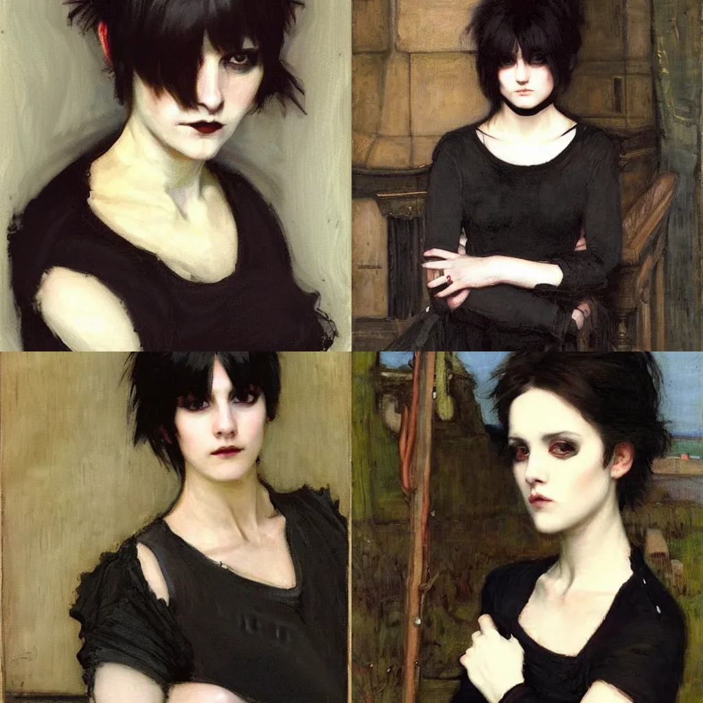 Prompt: a goth portrait painted by john william waterhouse. her hair is dark brown and cut into a short, messy pixie cut. she has a slightly rounded face, with a pointed chin, large entirely - black eyes, and a small nose. she is wearing a black tank top, a black leather jacket, a black knee - length skirt, a black