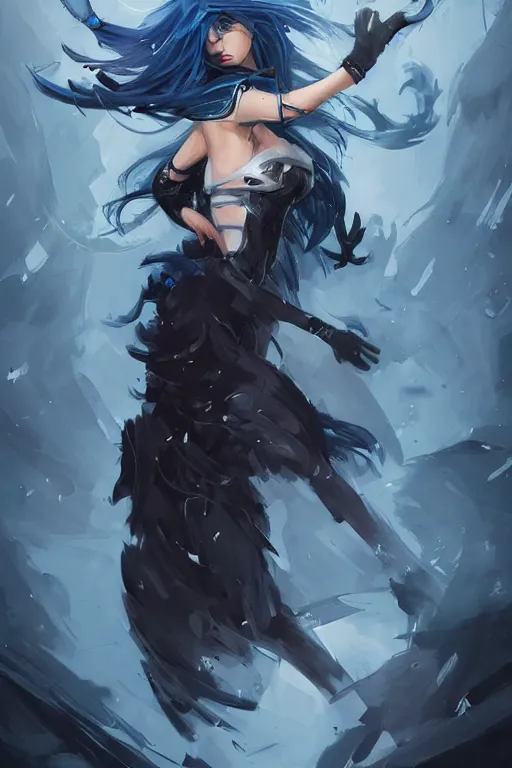 Image similar to fullbody!! dynamic action pose illustration, art by artgerm and greg rutkowski, beautiful woman with blue hair, antlers on her head, long flowing intricate black dress, dnd, face, fantasy, intricate, elegant, highly detailed, digital painting, artstation, concept art, smooth, sharp focus,