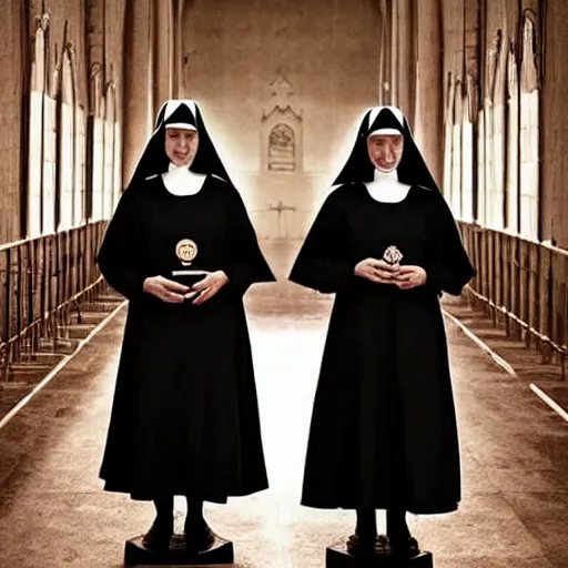 Image similar to award winning photo Floating twin nuns wearing pentgram necklace, Very long arms, in a sanctuary, eerie, frightening —width 1024 —height 1024