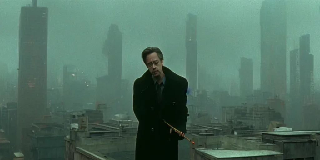 Image similar to beautiful cinematic film still of steve buscemi smoking a cigarette on a building top overlooking the rainy city in blade runner, 4 k