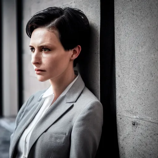 Prompt: hyperdetailed photo of a proud serious woman with short grey hair and light eyes in a cybercity, wearing fashion suit, inside berghain, classic, photo 3 5 mm leica, hyperdetail, 8 k, very detailed, fine face