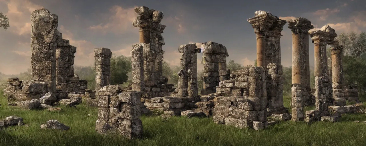 Prompt: an ancient ruined temple of the old Pagan Gods, 8k hyper realistic, Photorealistic, rendered by Octane