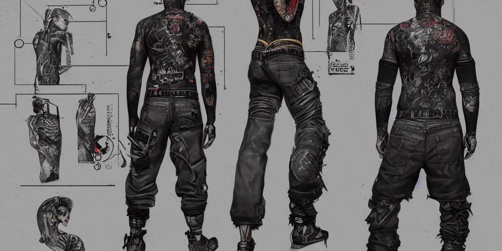 Prompt: portrait of a tattooed cyberpunk bartender, wearing scratched and ripped leather shorts and a short jacket full of stamps and stitches, character sheet, fine details, concept design, contrast, brigitte bardot, kim jung gi, greg rutkowski, trending on artstation, 8 k, full body, turnaround, front view, back view, ultra wide angle