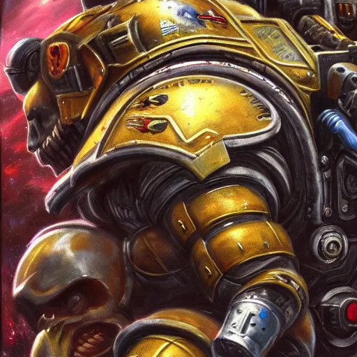 Prompt: space marine looking at monsters, highly detailed, oil painting, trending on artstation