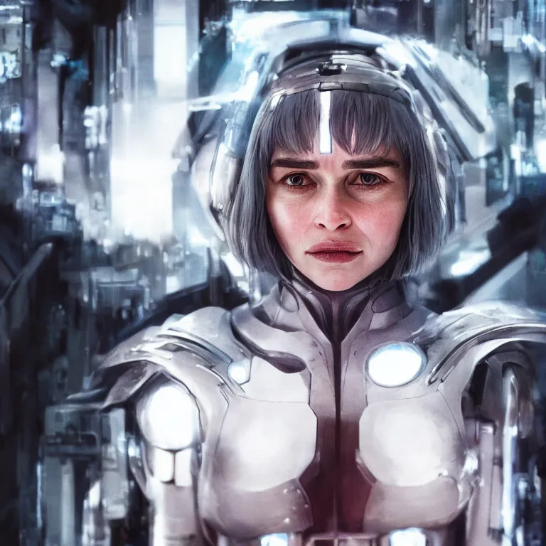 Image similar to scifi emilia clarke looks like ghost in the shell, extremely high detail, smiling woman, cyborg, photorealism, sony a 7 r