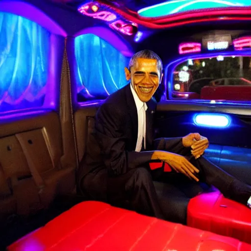 Image similar to barack obama on pimp my ride sitting in his newly upgraded presidential limo complete with a playstation 2, and a minibar. there are also neon lights in the interior.