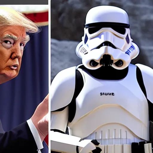 Image similar to Trump trying to protect his huge safe from the deep state agents wearing Storm Trooper gear, angry, kinetic, outrageous,