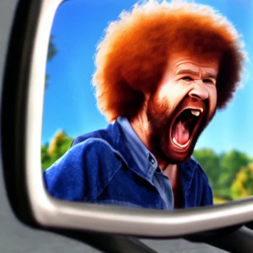 Image similar to a screaming angry bob ross in rear view mirror