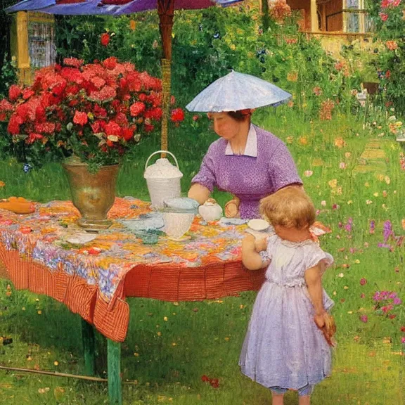 Prompt: a housewife and her daughter putting dishes on a table in the backyard, a tilted parasol sits above the table, a garden with colorful flowers in the background, rainy scene, cozy 1 9 5 0's, medium symmetry, by ilya repin, extreme detail, attention to detail, 8 k, intricate abstract, photorealistic