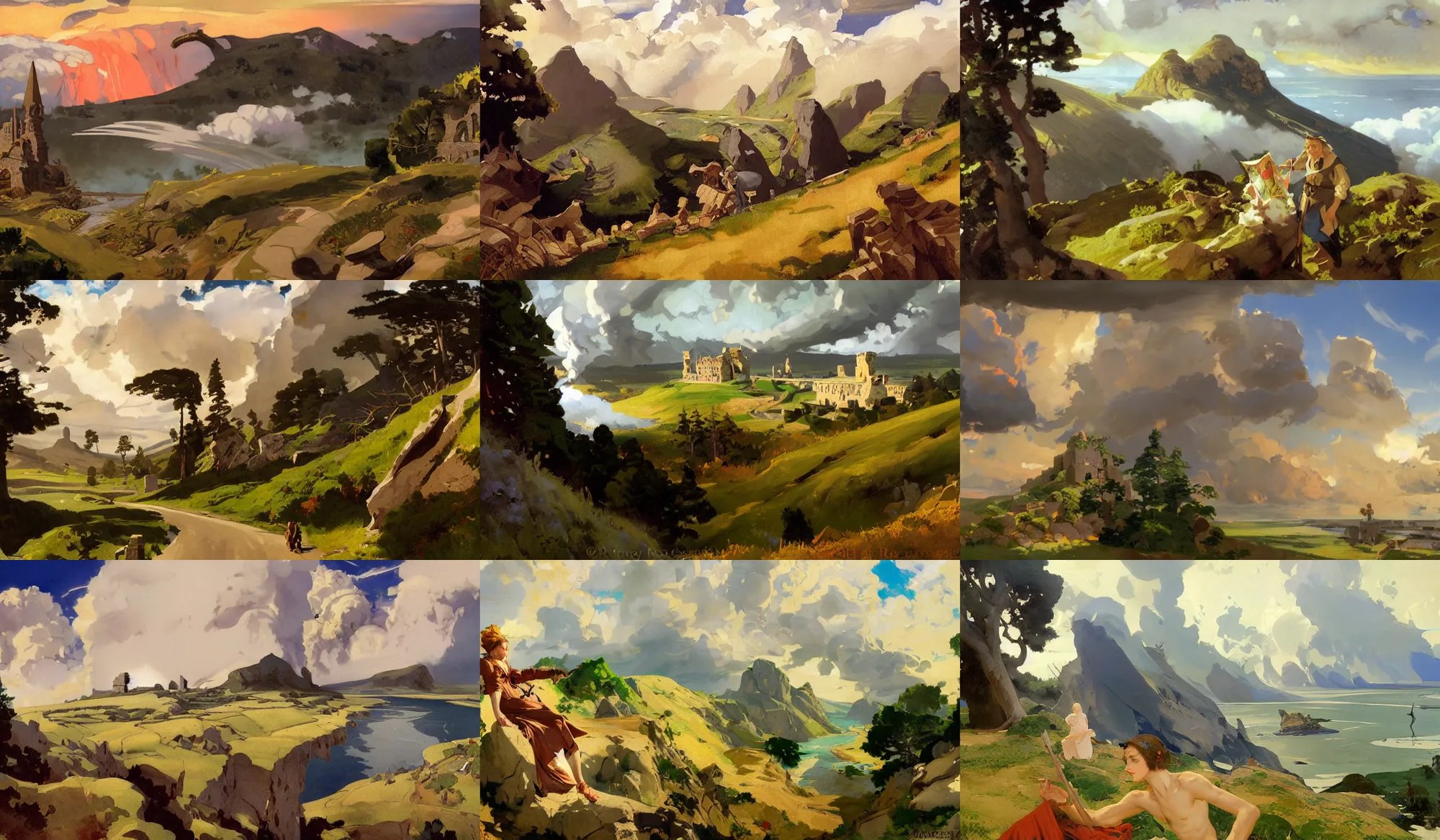 Prompt: painting by sargent and leyendecker and greg hildebrandt, james gurney, apollinaris vasnetsov, savrasov levitan polenov, studio ghibly style mononoke, huge old ruins giovanni paolo panini, middle earth above the layered low clouds road between forests big lake wide river trees sunrise sea bay view faroe azores overcast storm masterpiece