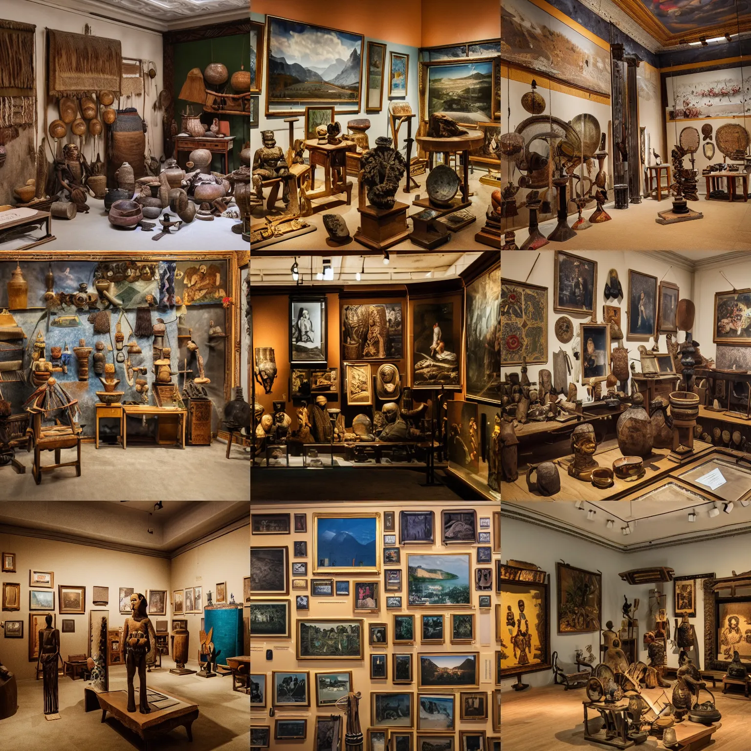 Prompt: a fujifilm x - h 2 s color photography of a museum room, ethnographic objects on display, fantastic anthropology, dream ethnology, highly detailed, 1 8 0 0 dpi