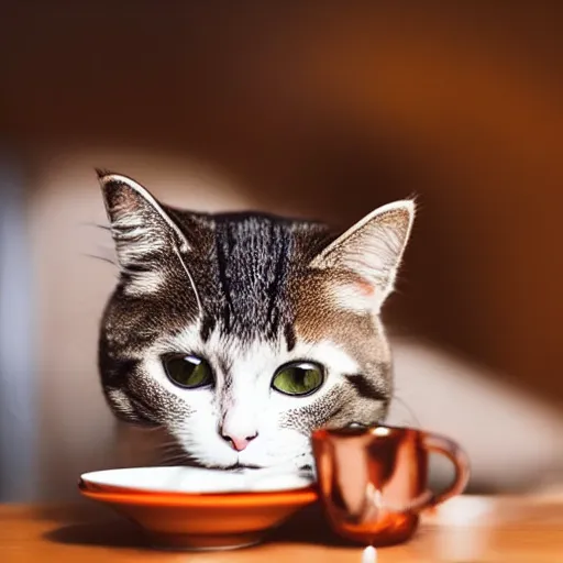 Image similar to a beautiful cat is drinking coffee