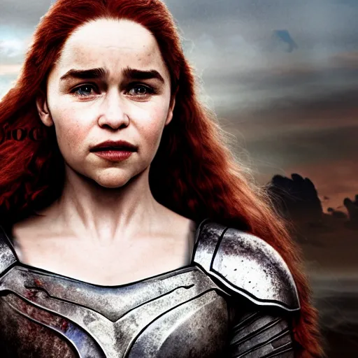 Image similar to emilia clarke, as a medieval fantasy character, with dark reddish hair, wearing light, silver armor and red clothing, tan complexion, holding a longsword, smiling, noble, cinematic, gloomy background, realistic, digital art, character art, 8 k