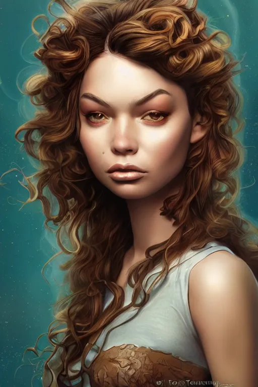 Image similar to fantasy comic book style portrait of a gorgeous teen model with ringlets who looks like miranda cosgrove, hyper realistic, illustration, trending on artstation, HD, 4k, 8k, intricate detailed anatomy, character design, by james gurney and tom bagshaw