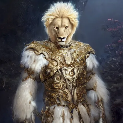 Image similar to a beautfiul award winning commission portrait of an anthro albino lion wearing diamond victorian armour,digital art,art by greg rutkowski,character design by charles bowater,photorealistic,ross tran,hyperdetailed,detailed face,fascinating,2021,western comic style