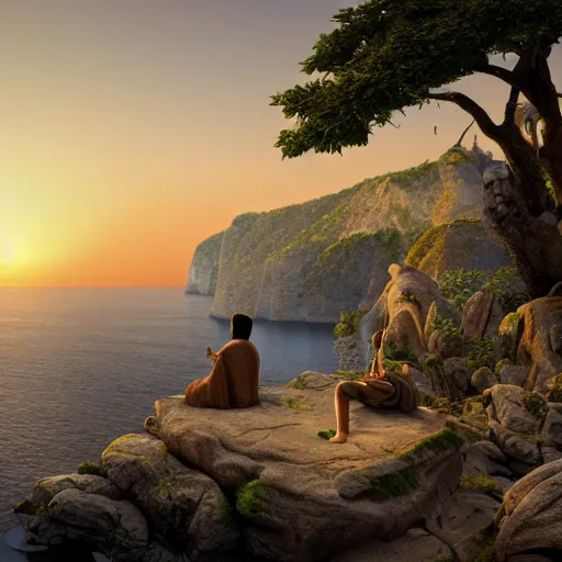 Prompt: a stunning 3 d render of a jesus and buddah and fredrick nietzsche meditating on a cliff facing away from the camera watching the sunrise over the ocean, turbulent ocean in the background, intricate, elegant, highly detailed, artstation, ultra sharp focus, octane render, volumetric lighting, in a neoclassical and baroque style