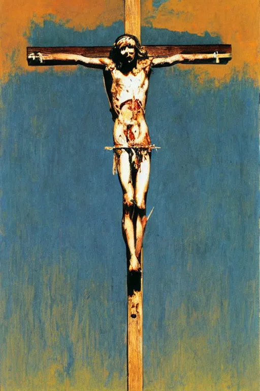 Image similar to bloody christ crucified and some bright ufo in the sky painted by cy twombly and andy warhol