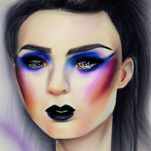 Image similar to beautiful grumpy girl, portrait, ice magic, dark hair and makeup, hand drawing, colour