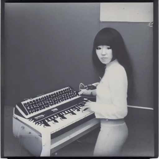 Image similar to 1 9 7 0 s polaroid of a female japanese musician playing a vintage modular synthesizer, hazy, faded