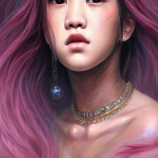 Image similar to a painting of jisoo of blackpink in the style of donato giancola, and in the style of charlie bowater, and in the style of jules ferdinand jacquemart, symmetry, smooth, sharp focus, semi - realism, photo realistic, dynamic lighting, artstation, poster, volumetric lighting, very detailed face, intricate complexity, 8 k, award winning