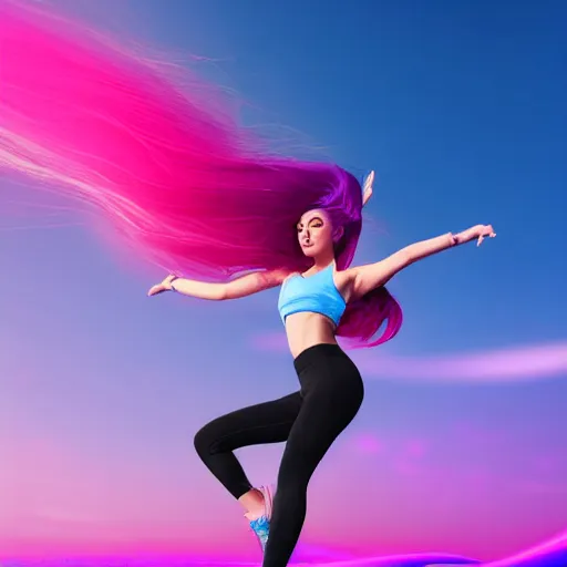 Image similar to a award winning half body shot of a beautiful woman in a croptop and leggings with a ombre purple pink teal hairstyle with head in motion and hair flying, outrun, vaporware, highly detailed, fine detail, intricate