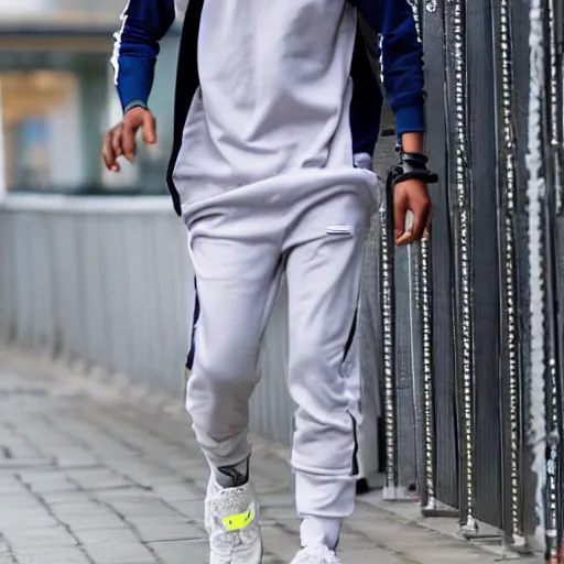 Prompt: skinny mixed race man wearing a tracksuit with pants & no trousers in london