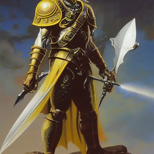 Image similar to ( ( ( quarter length portrait of a gaunt noseless yellow - skinned bald githyanki warrior in a breastplate, wielding a magical silver greatsword ) ) ), greg rutkowski, frank frazetta, alexandre chaudret, boris vallejo, michael whelan, miro petrov, magali villeneuve, donato giancola, d & d