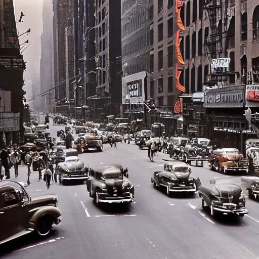 Image similar to a kodachrome photograph of a busy new york city street 1940s, early morning rush hour, morning light, photorealistic