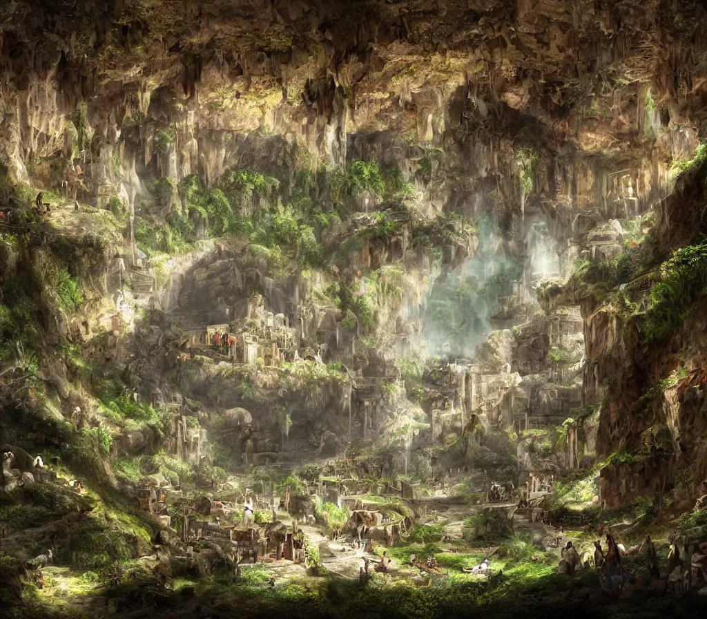 Prompt: the city of Rome but underground in an impossibly large cave,lush nature,fantasy art,realistic,high quality,detailed