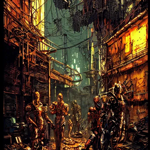 Prompt: cyberpunk knights in an alley of derelict tech, atmospheric lighting, painted, intricate, golden hour, ultra detailed by philippe druillet