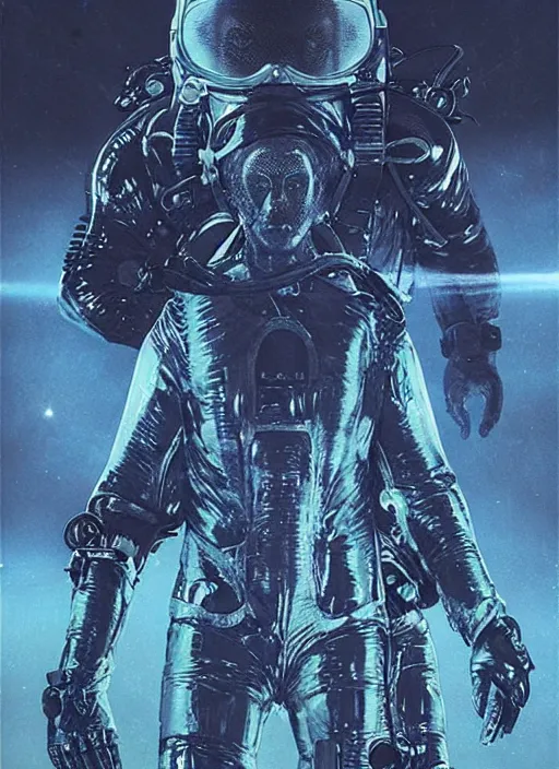 Image similar to astronauts divers in dark void underwater - complex and hyperdetailed technical suit design. reflection and dispersion materials. rays and dispersion of light. volumetric light. f / 3 2. noise film photo. flash photography. ultra realistic, 5 0 mm. poster by wayne barlowe, hajime sorayama aaron horkey, craig mullins