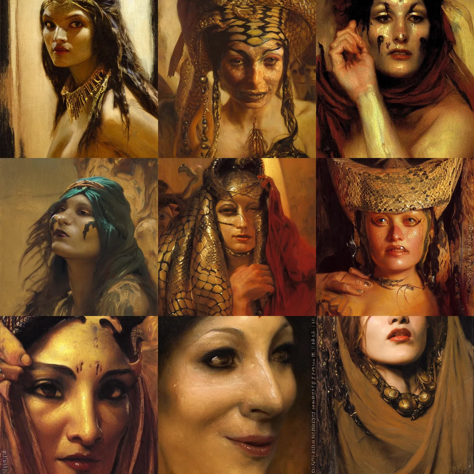 Prompt: orientalism painting of a snake witch face detail by theodore ralli and nasreddine dinet and anders zorn and edwin longsden long, bronze age, sword and sorcery, oil on canvas, masterful intricate artwork, excellent lighting, high detail 8 k