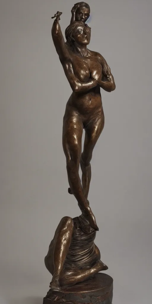 Image similar to detailed photo of old bronze patina statue of most famous woman, full body portrait, various bending poses, photorealism, intricate detail, museum diffuse lighting