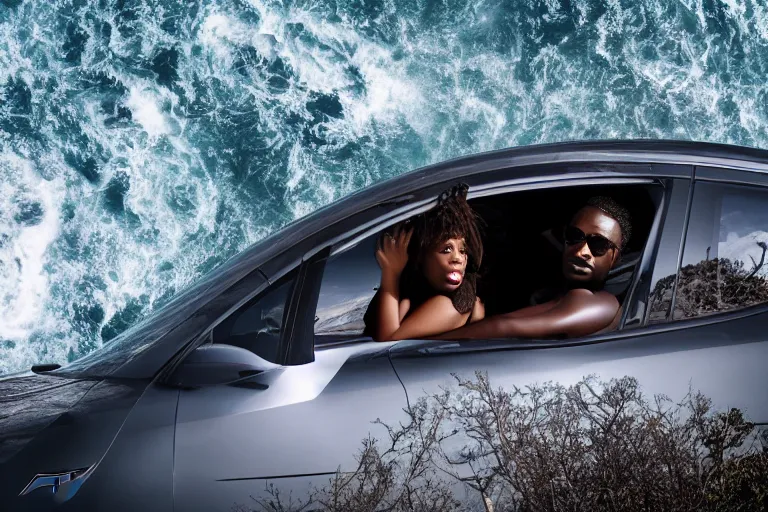 Image similar to photo of a gorgeous black model sitting on a Sci-fi Tesla on a cliff on the ocean By Emmanuel Lubezki