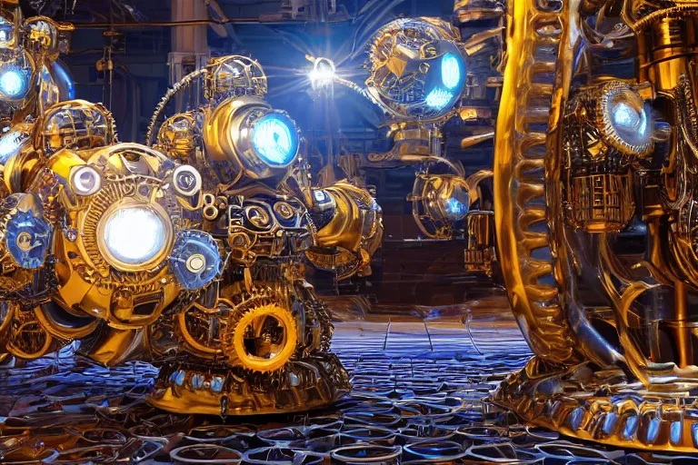 Prompt: floor is fluffy bubbly white foam, portrait photo of a giant huge golden and blue metal steampunk robot, with gears and tubes, eyes are glowing red lightbulbs, shiny crisp finish, 3 d render, 8 k, insaneley detailed, fluorescent colors, background is multicolored lasershow