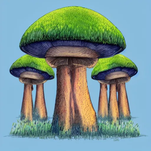 Prompt: a giant mushroom forest teeming with shamanic buildings and structures