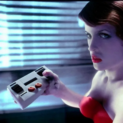 Image similar to a still of a beautiful pin up playing with a NES controller, in the movie Minority Report (2002), highly detailed and intricate, cinematic lighting, 4k HDR