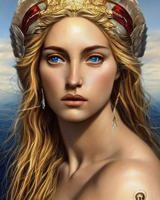 Image similar to pencil drawing of beautiful greek goddess aphrodite with arrowhead jewelry, beautiful piercing eyes, beautiful blonde hair flying in the wind, hyper realistic face, in the style of greg rutkowski, fantasy, amazing detail, epic, elegant, smooth, sharp focus, from the front