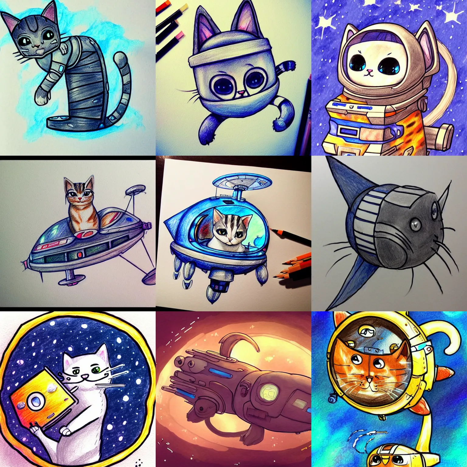 Prompt: Cat reparing spaceship, cute drawing, highly detailed, epic, concept art, water color, digital art, trending on artstation